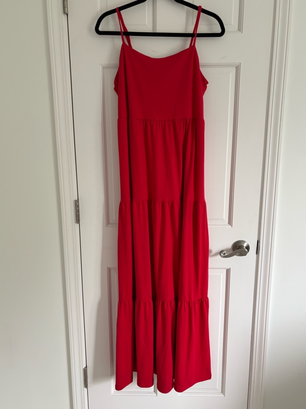 Red tiered maxi dress with spaghetti straps